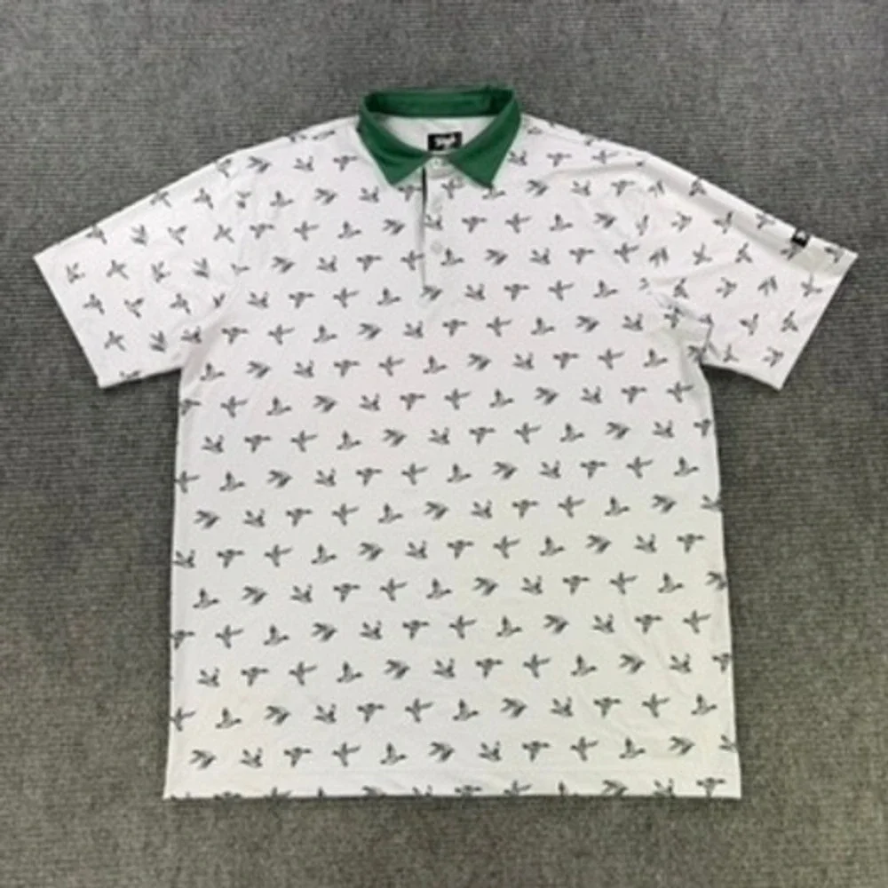 Waggle Golf Polo Shirt Men XL White Mallard Duck Print Green Collar Short Sleeve - Picture 2 of 12